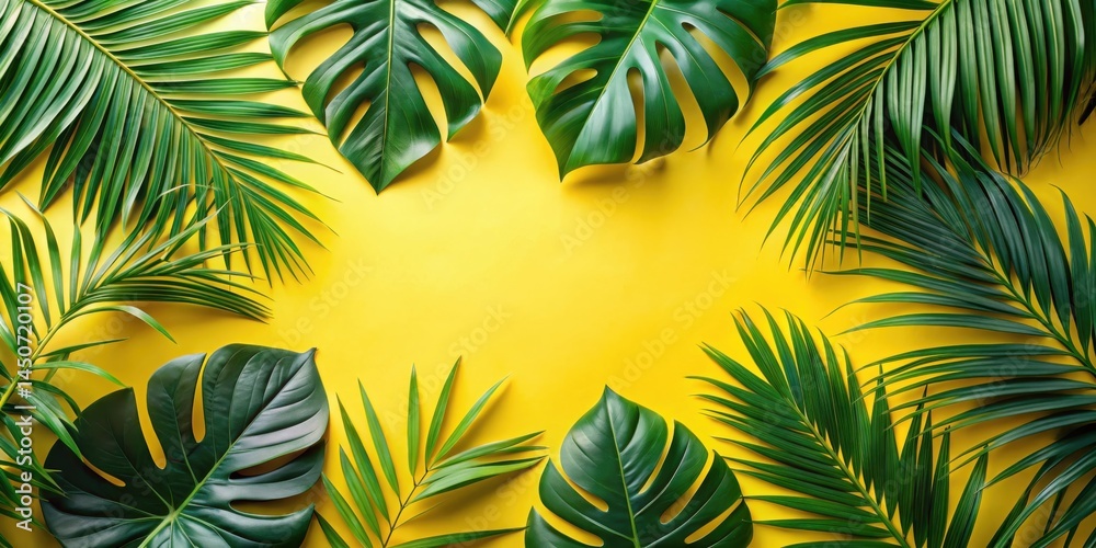 Poster a bright yellow background with vibrant green tropical leaves arranged in a frame, creating a summer