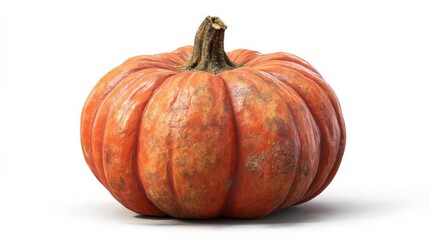 Obraz premium A single, ripe pumpkin sits on a white background. Its orange skin shows signs of age, adding to its rustic charm.