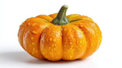 Fototapeta premium A vibrant orange pumpkin, glistening with water droplets, sits against a bright white background. Perfect for autumn or fall themes.