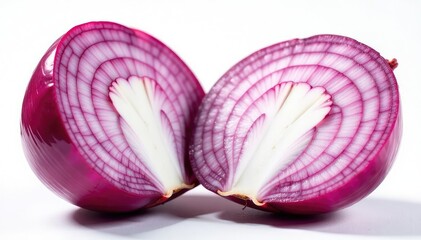 Close-up red onion halves, showing layers, on white, closeup, red onion