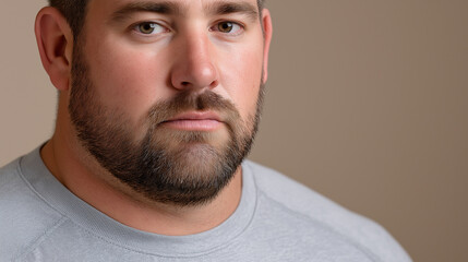 Fototapeta premium Overweight man in tight t-shirt on neutral background