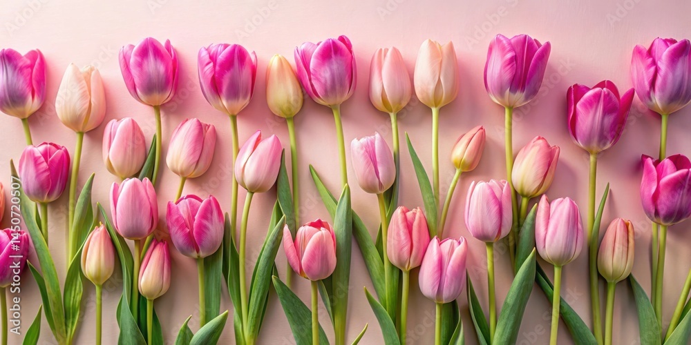 Aufkleber A Delicate Row of Vibrant Pink Tulips Arranged on a Soft Pink Background, Creating a Captivating Display of Springtime Elegance