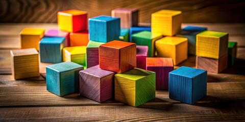 Obraz premium A colorful arrangement of wooden blocks on a rustic wood surface, showcasing a vibrant spectrum of colors and textures.
