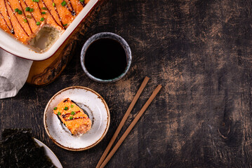 Baked sushi roll cake with crab surimi sticks