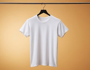 Minimalistic white t-shirt hanging against a warm orange background.