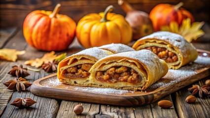 Pumpkin Spice Pastry Rolls with Powdered Sugar and Cinnamon on Rustic Wood