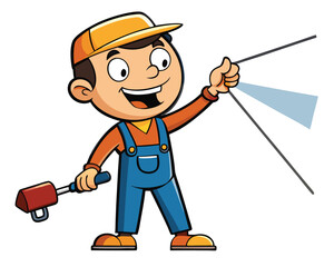 Cartoon character holding pressure washer cleaning surface with high pressure spray