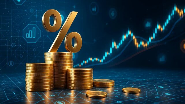 Financial Growth and Investment Concept with Gold Coins, Percentage Symbol, and Digital Economy Chart Interface

