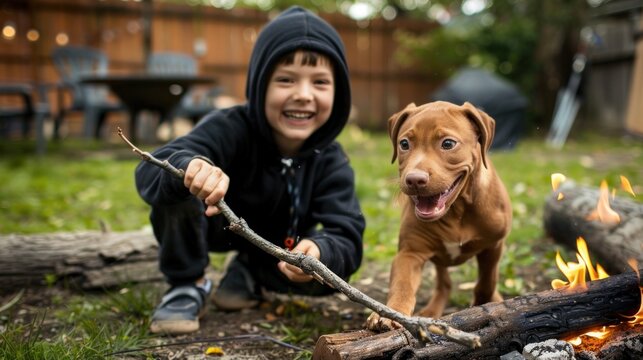 A boy plays fetch with his happy brown dog in the backyard, enjoying time together