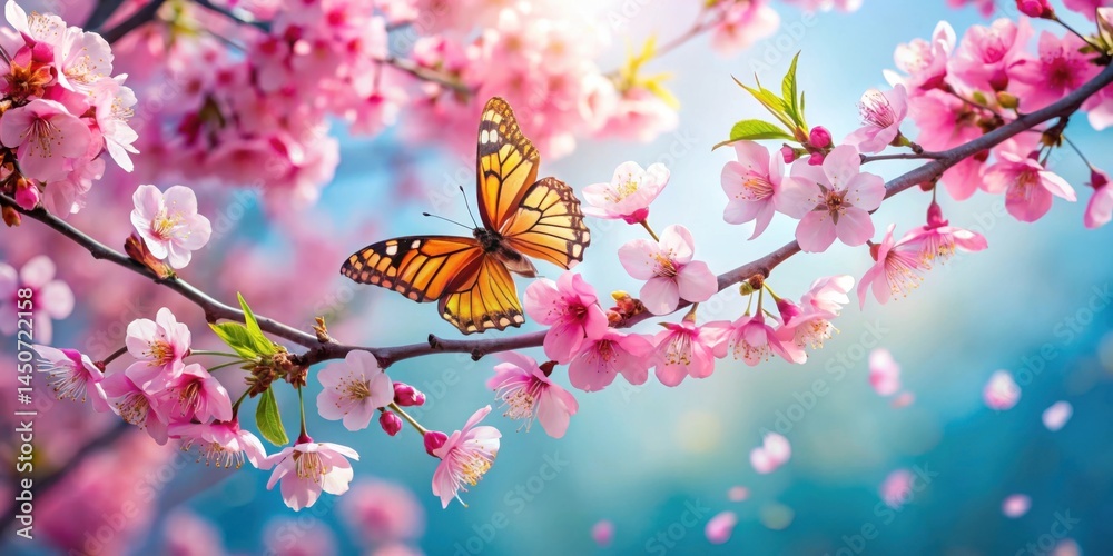 Poster a delicate butterfly with orange and black wings rests on a blossoming branch, surrounded by soft pi