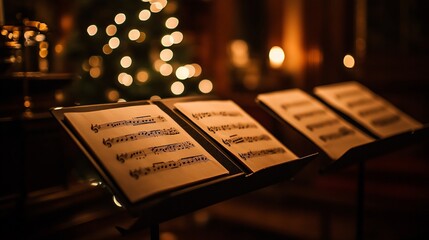 Warm glow of Christmas carols: Music stands lit by festive lights