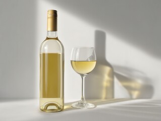 Elegant White Wine Still Life with Bottle and Glass in Soft Light and Shadow Play on White Backdrop