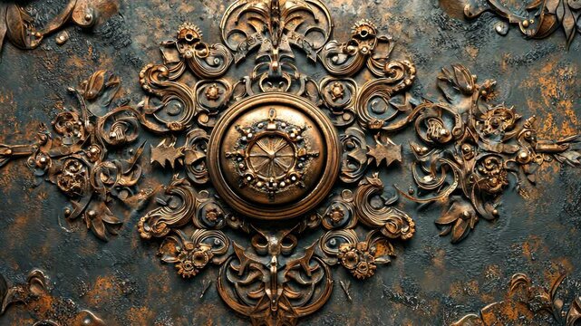 Intricate rotating metal gear with ornate patterns and rustic texture