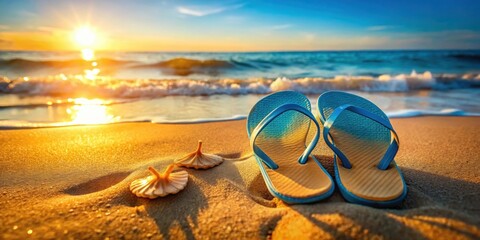 A pair of blue flip flops sit on the sandy shore with two seashells beside them, as the golden sun sets over the ocean in the background.