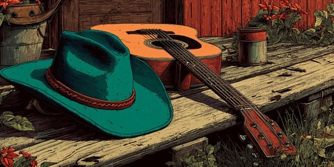 Guitar and Cowboy Hat on Rustic Porch, Outdoor Lifestyle, Art Style
