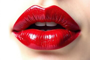 Obraz premium Close-up of luscious red lips on stark white backdrop, perfect lips, full lips