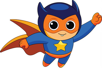 Cartoon superhero illustration cute character flying with cape and star symbol