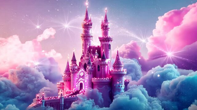 Enchanting castle emerges in dreamy pink and blue cloudscape at twilight