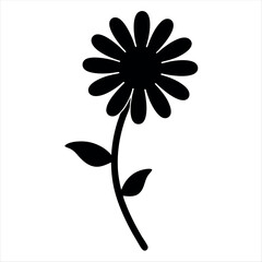 Simple Black and White Flower Illustration with Stem and Leaves on White