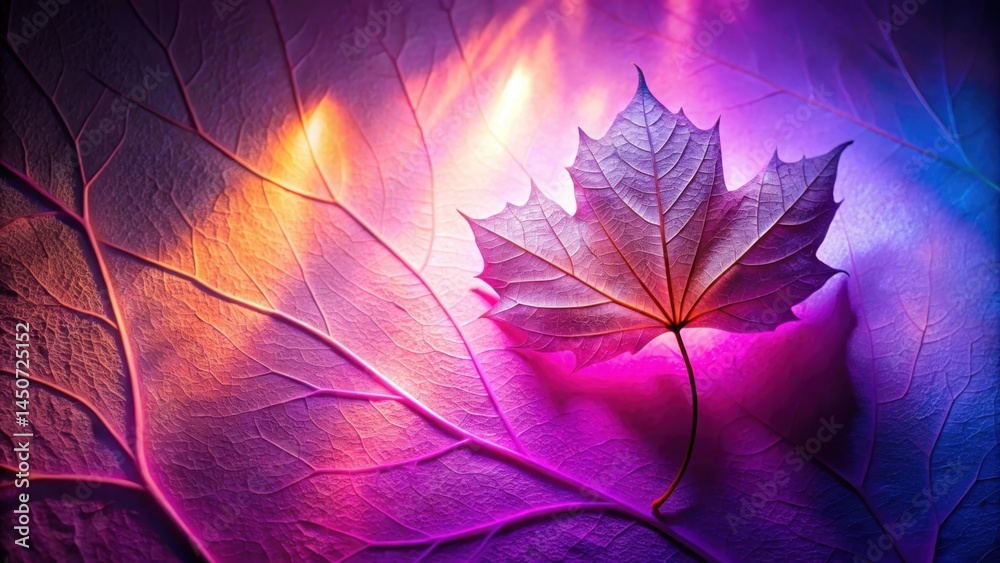 Poster A single maple leaf, illuminated by a colorful light, sits atop another leaf, revealing intricate details and a vibrant, abstract pattern.