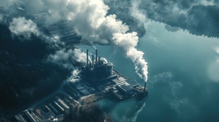 Fototapeta premium Power plant emitting smoke over lake, environmental impact.