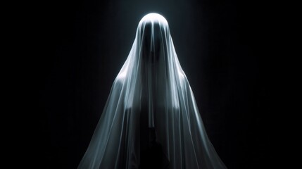 Mysterious figure shrouded in translucent fabric, illuminated by a single light source. Ethereal and enigmatic.