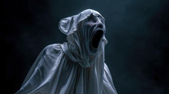 A terrifying figure in a white hooded robe screams in the darkness.  A chilling image full of mystery and dread.