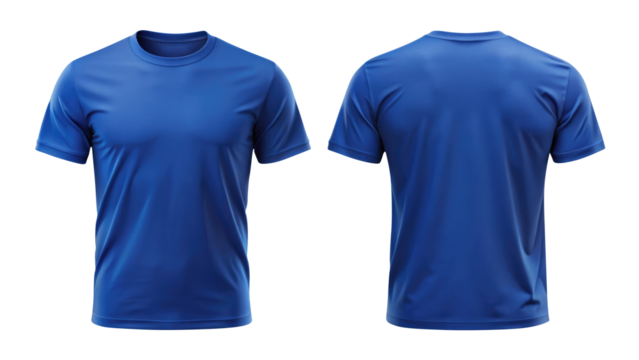 blue t shirt round neck front and back side template isolated on transparent white background, clipping path