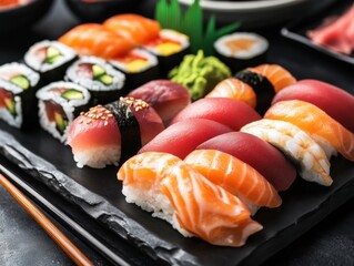 Captivating Close Up of Exquisite Sushi Platter with Vibrant Colors and Textures on Dark Background Perfect for Japanese Cuisine and Culinary Art