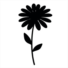 Black and white silhouette of a simple flower with stem and leaves
