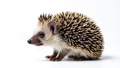 Naklejka premium Close-up of a hedgehog's spiny back against a stark white backdrop , texture, nature