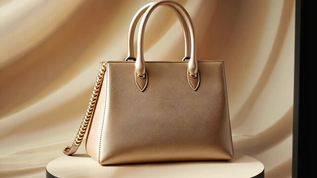 Elegant bag display: luxury leather handbag on rotating stand under soft lighting