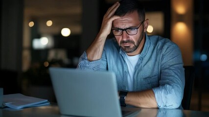 A man is sitting at a desk with a laptop open in front of him. He is wearing glasses and he is in a state of distress