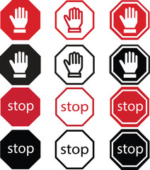 Obraz premium STOP! set of red stop hand sign for prohibited activities. Do not enter, not allowed, stop icon. no entry hand icons collection.
