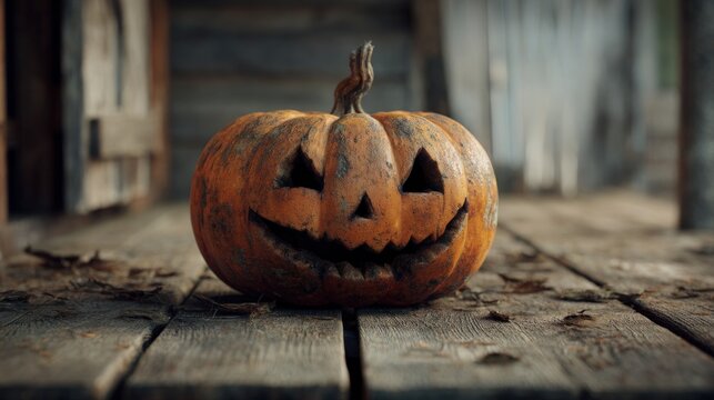 A weathered jack-o'-lantern sits on a rustic wooden surface, exuding an eerie autumnal charm.