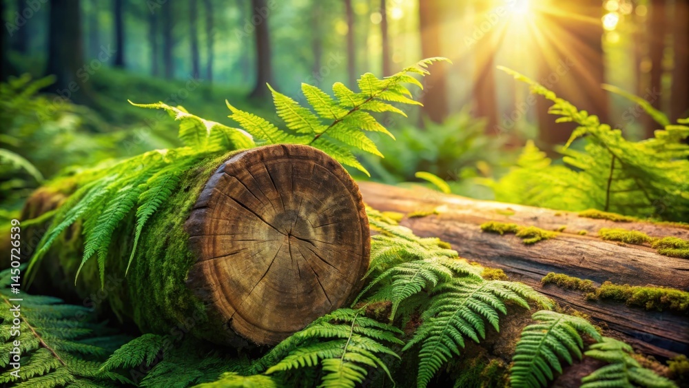 Poster Sunlight Filtering Through the Forest Canopy, Illuminating a Fallen Log Covered in Lush Ferns and Moss