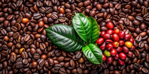 Coffee Beans, Fresh Leaves, and Red Berries A Visual Representation of the Coffee Plant's Life Cycle