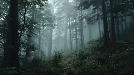Enigmatic fog blankets a dense forest, creating a mysterious and serene atmosphere. Tall trees stand tall, their branches intertwined, casting a mystical spell.