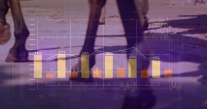 Horse hooves moving across sunlit dirt track, animating digital bars, line graphs and waveforms