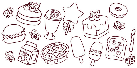 Black and white collection of blueberry desserts with cakes, ice creams, and pastries. Handdrawn illustration suitable for coloring pages, dessert menus, or food projects