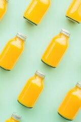 Flat lay photo of glass bottles filled with natural yellow fruit juice on a bright background. Clean and colorful concept of summer refreshment and healthy lifestyle.
