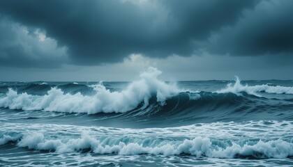 Obraz premium Dramatic Ocean Waves Crashing Under Stormy Sky
