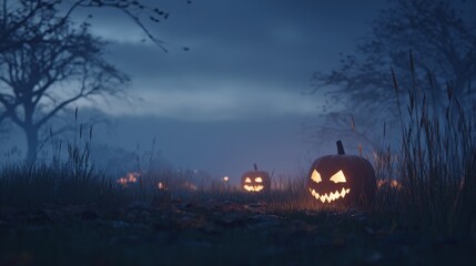 Obraz premium Spooky jack-o'-lanterns illuminate a foggy Halloween night. A chilling scene of autumnal mystery.
