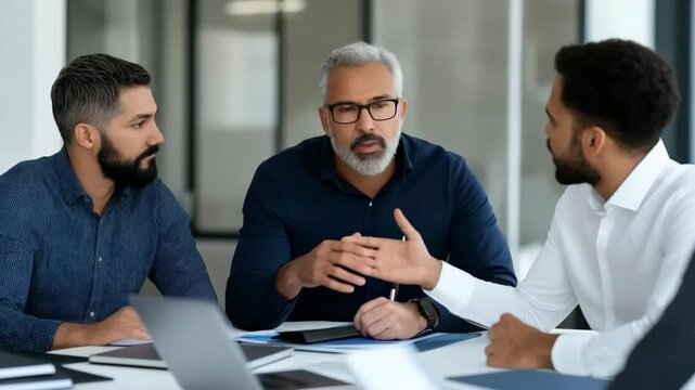 Three men are sitting at a table, talking to each other. They are all wearing glasses and are dressed in business attire. Scene is serious and professional, as the men are discussing important matters
