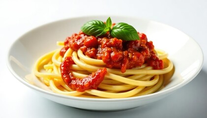 Pasta dish with vibrant tomato sauce on white background , fresh, stock image