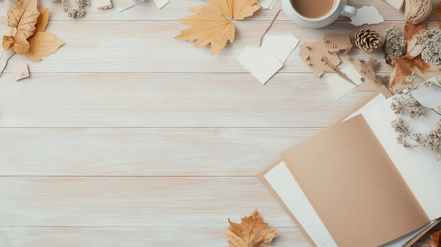 Rustic scrapbooking workspace with autumn leaves and coffee  