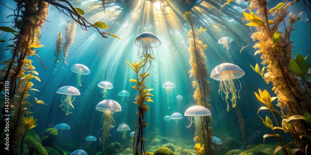 Poster sunbeams dance through a vibrant underwater forest, illuminating a cluster of delicate jellyfish tha