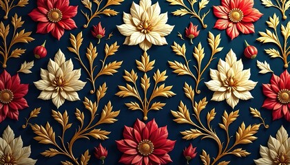 Intricate floral damask wallpaper, elegant gold accents, seamless, pattern