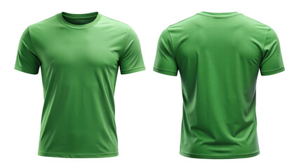 green t shirt round neck front and back side template isolated on transparent white background, clipping path