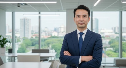 Asian businessman in suit stands in office with city view background.